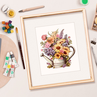 Watering Can and Flowers design illustration
