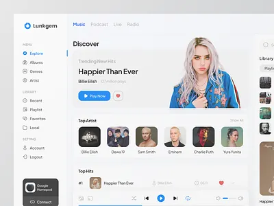 Lunkgem - Music Streaming Dashboard album artist audio player billie eilish clean dashboard design listen music minimalist music music app music player music streaming music ui playlist product design sound ui ui design uiux