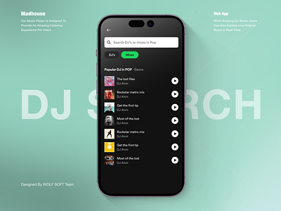 Search Music, artist and DJ's branding content music app presentation result search search artist search jd search music search result singer ui design