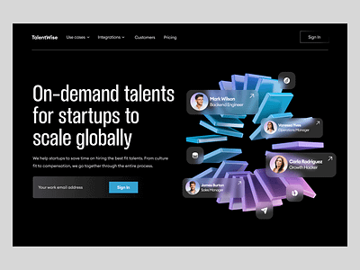 On-demand talents for startups - landing page design enterprise hr influencers landing page management saas scale startup talents teams web webflow webpage website
