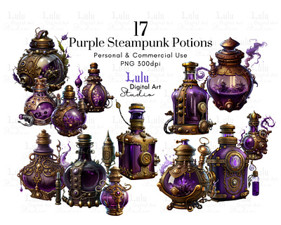 17 Purple Steampunk Potions, Gothic Fantasy and Witchcraft digital clip art