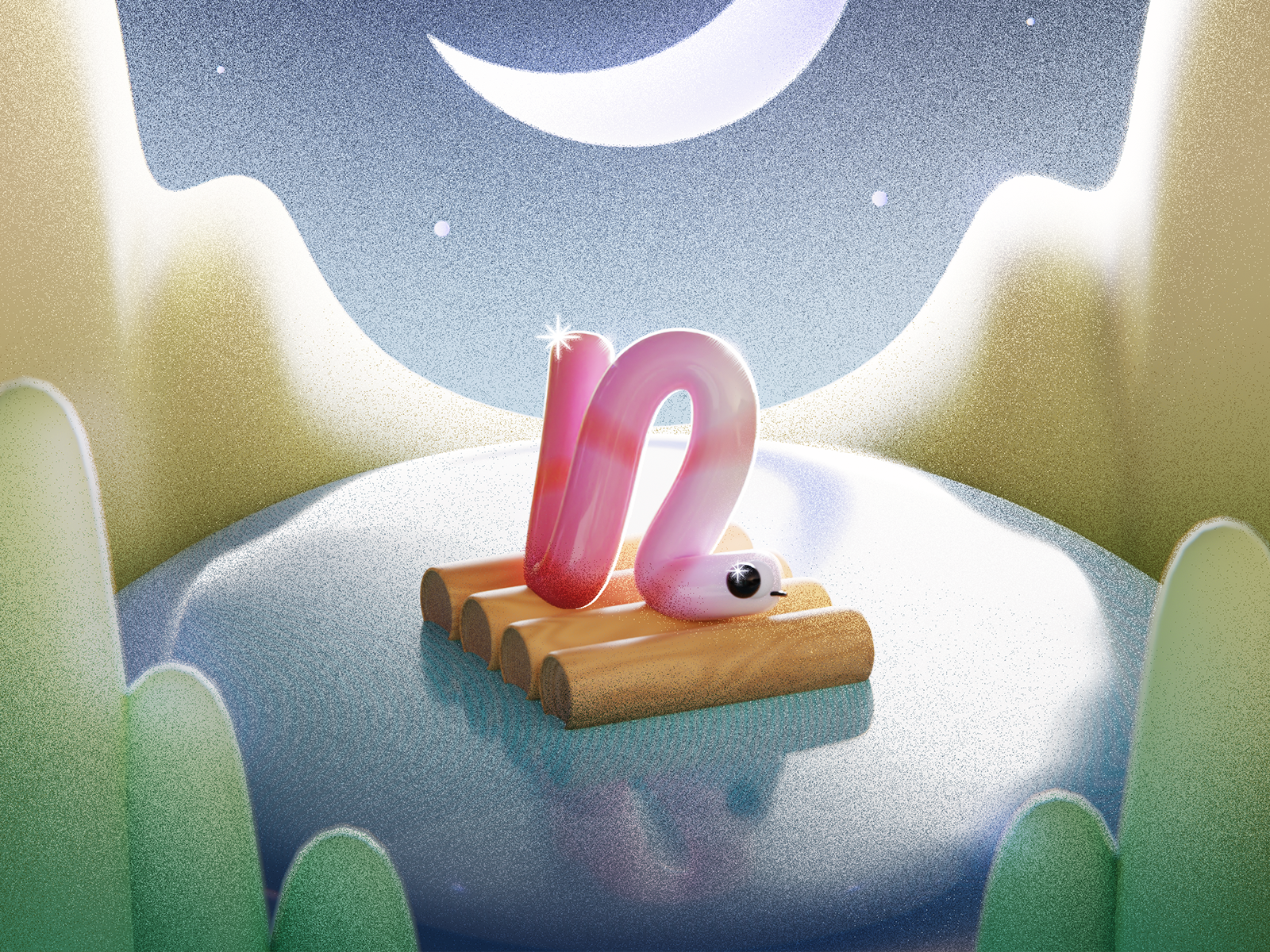 N - Night 36days 36daysoftype 3d 3d art blender blue design grain illustration lake landscape night render type warm