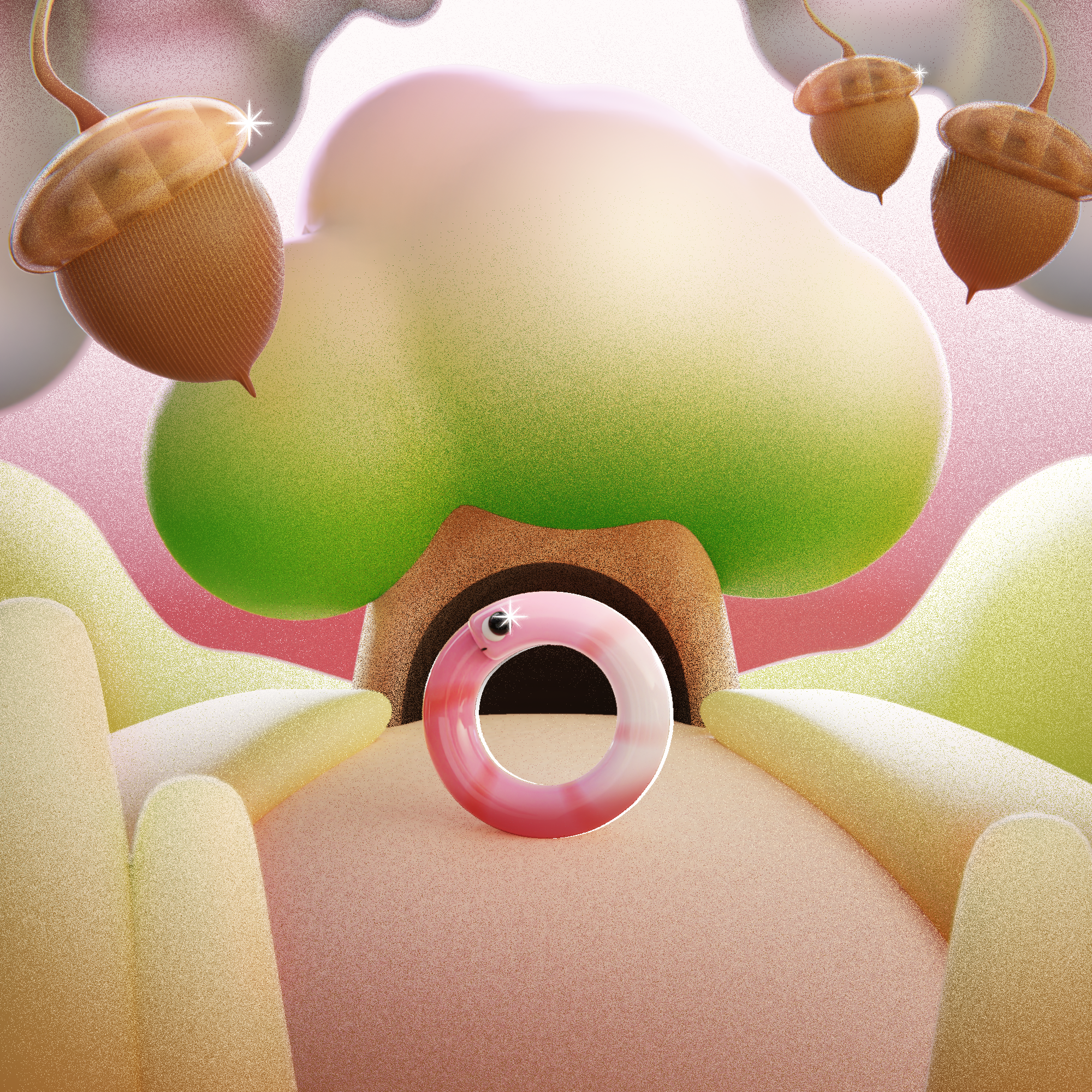 O - Oak 36days 36daysoftype 3d 3d art blender design grain green illustration landscape letter oak pink render tree type