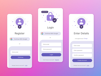 Login & Register Screens account app app design auth clean figma form google login login minimal mobile design password purple register sign in sign up ui uiux ux web design