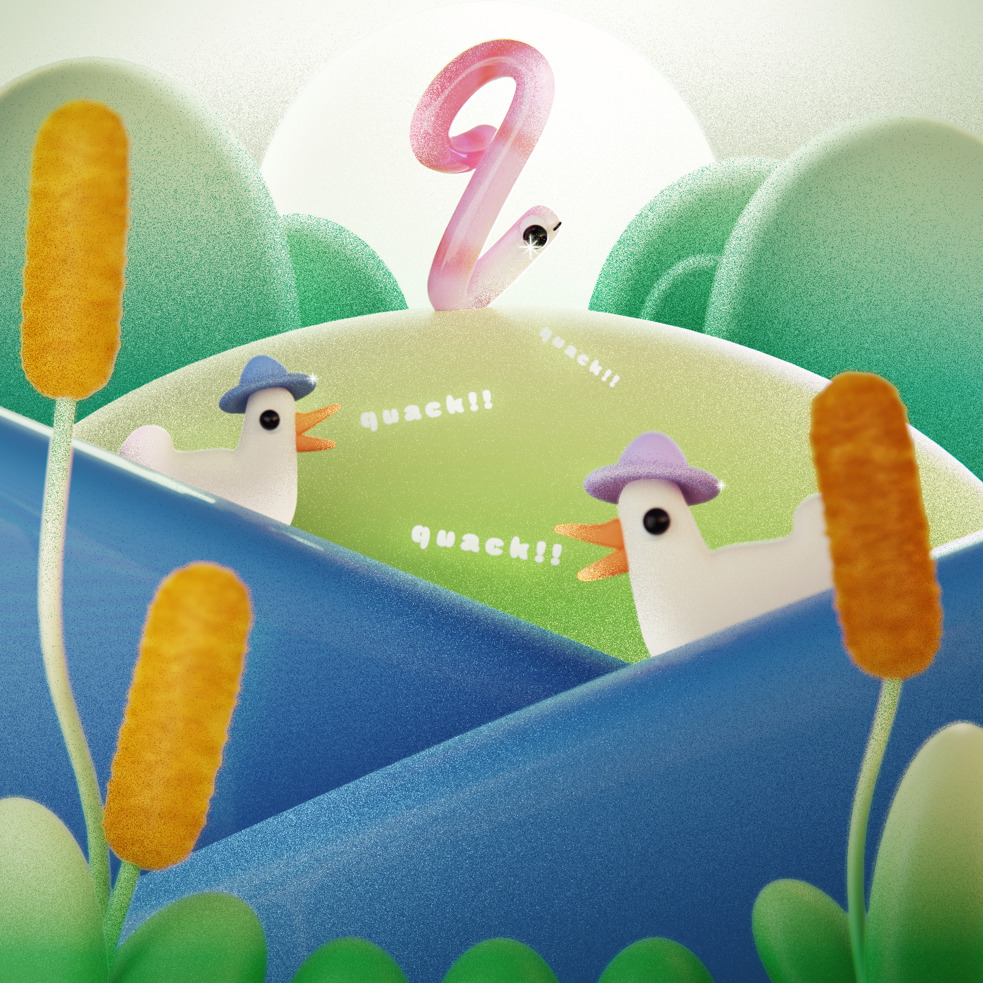 Q - Quack 36daysoftype 3d 3d art b3d blender c4d design ducks grain illustration landscape letter q quack render type worm