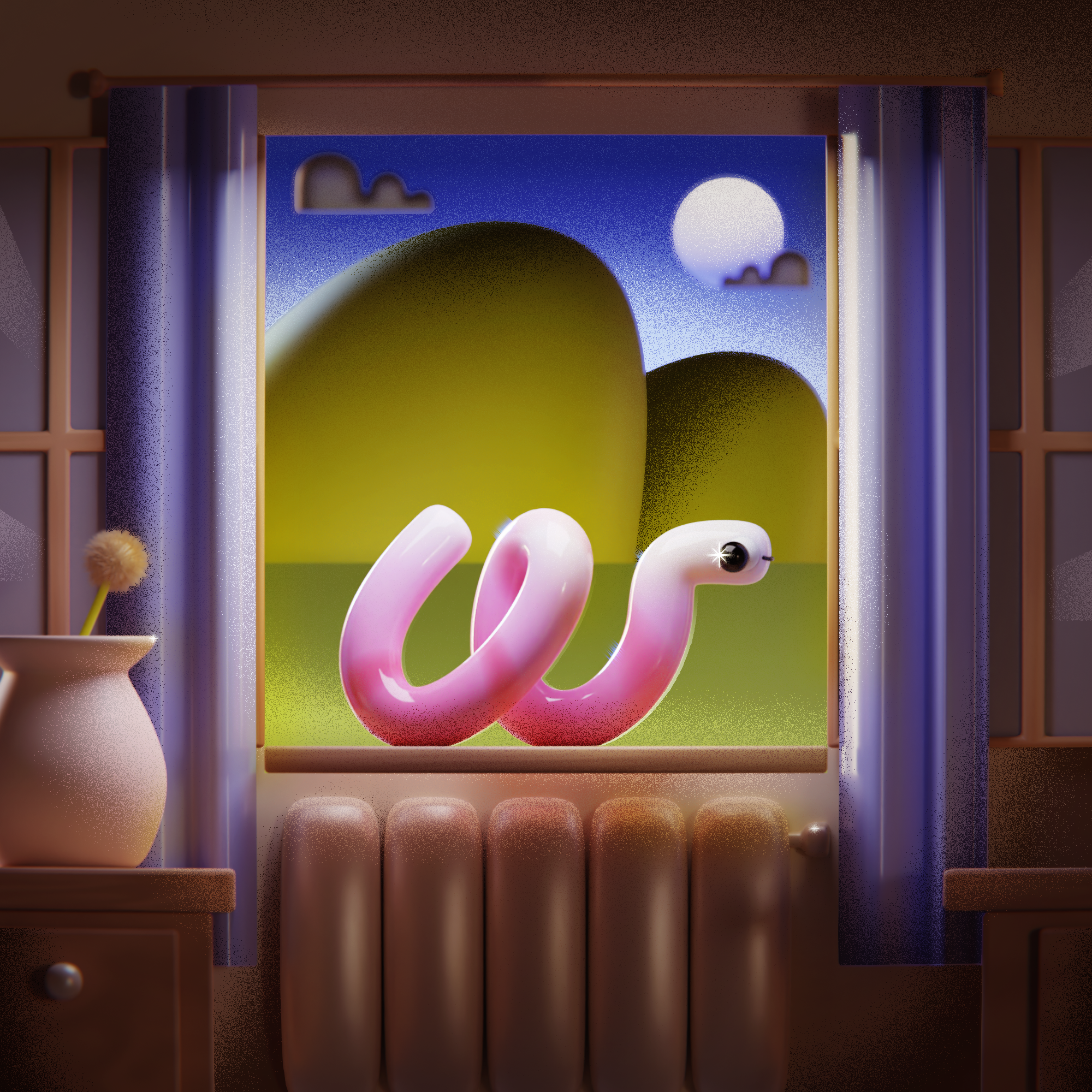W - Window 36days 36daysoftype 3d 3d art b3d blender c4d design grain illustration landscape letter render type w window worm