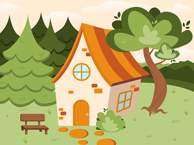 House in the autumn forest artwork autumn bench forest home house illustration landscape nature vector warm
