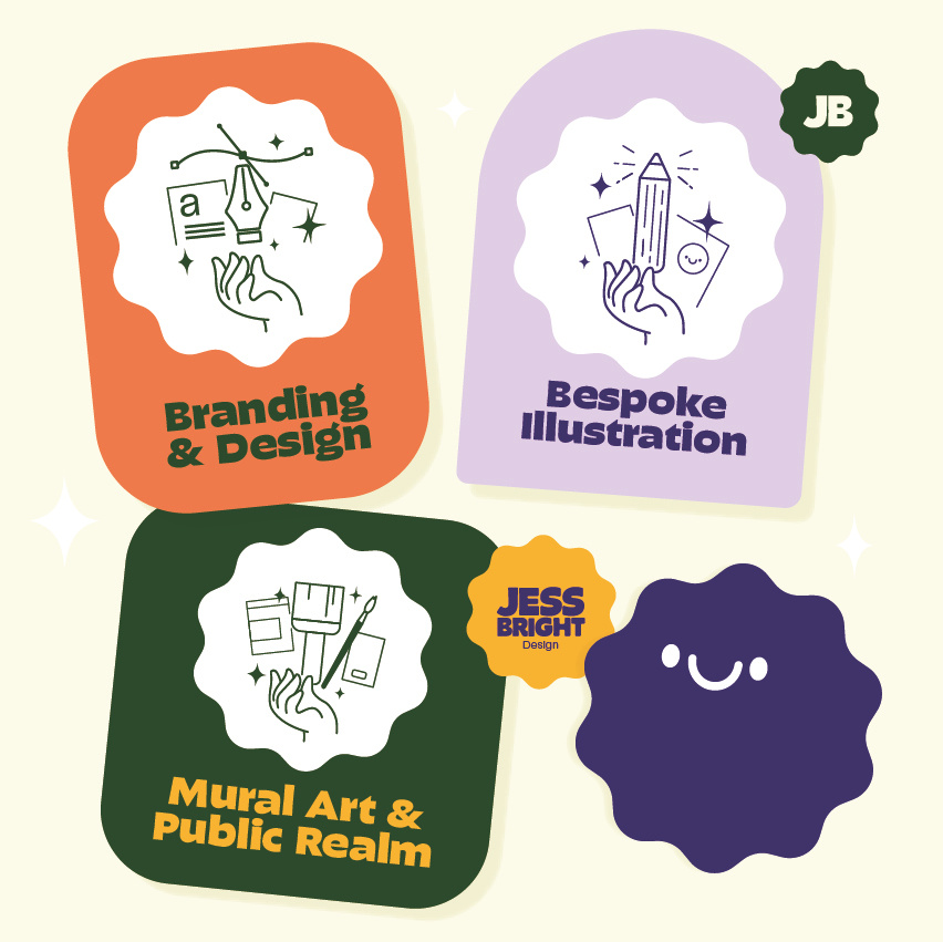 Jess Bright Design Services and Showcase artwork brand identity branding colour creative design freelance designer graphic design hand drawn hand lettering illustration illustrator logo mural mural painting public realm sticker design type typography vector