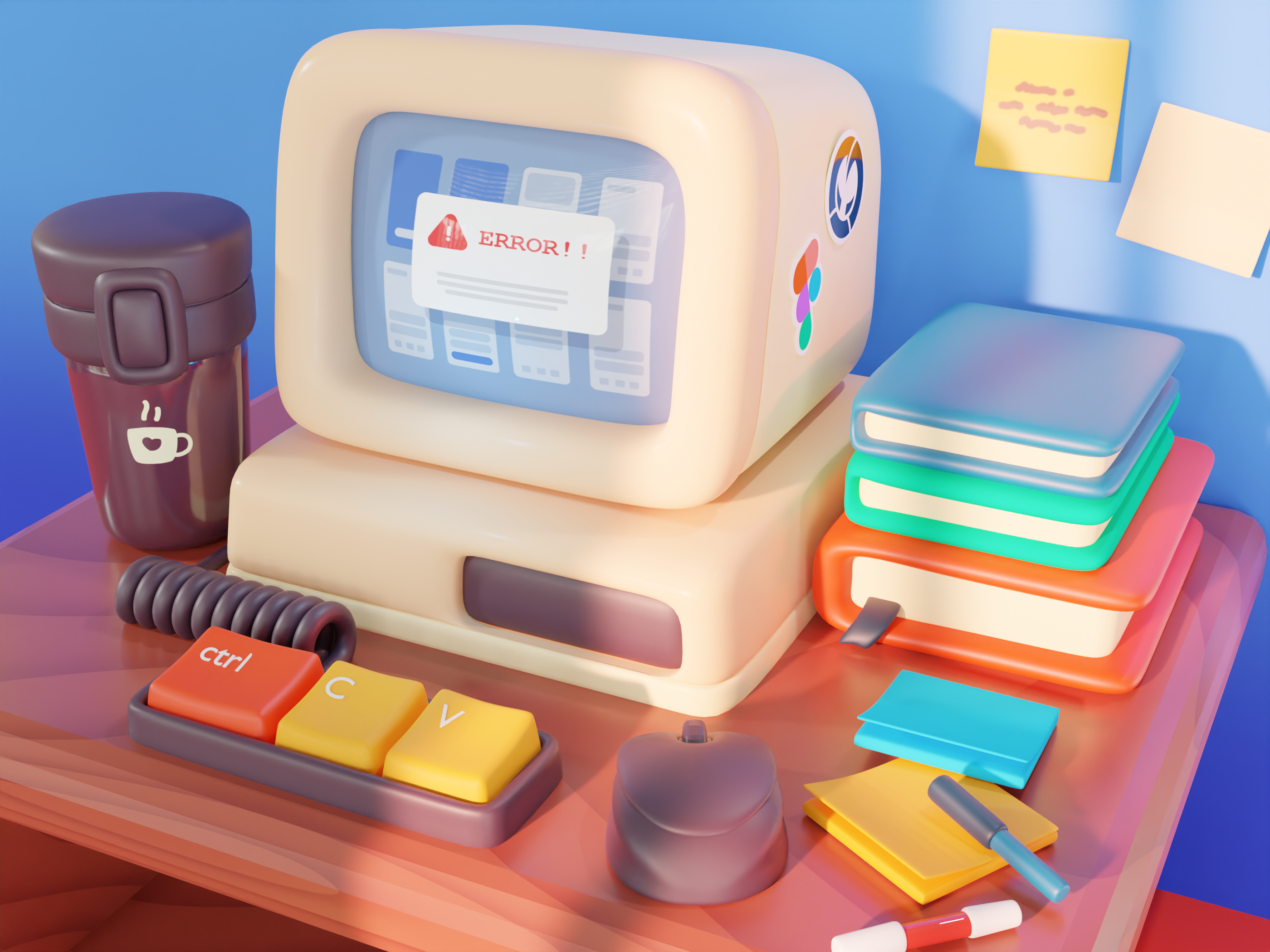 Personal computer Workspace 🖥️ 3d 3d illustration blender book bottle cute ibm illustration keyboard modeling nft personal computer render uiux