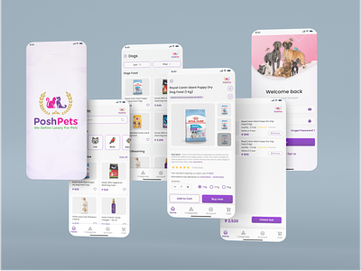 Pets Supplies E-commerce App | App Design android app design buy now buy product card design category check out ecommerce ecommerce aoo ios login mobile app design pet store pet store app pet supplies product details product listing splash screen uiux user experience