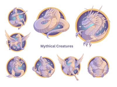 Mythical Creatures Illustration badge centaur creature dragon illustration mermaid myth pegasus werewolf