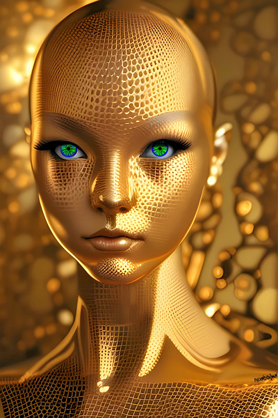 Sunsteel beauty character concept design fantasy futuristic gold graphic design green eyes illustration people ph0enixd0wn photoshop shiny woman