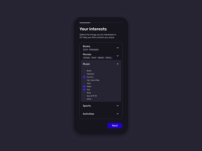 Dark Accordion with Multiple Selection and Checkboxes 2023 accordion app checkbox dark mode dating app design hobbies interest minimal modern multiple selection onboarding register select selection software ui ux welcome