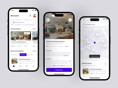 Carerra - Co Working Space Finder App app design clean coworking design desk find find location flat locate location location app map mobile app simple space ui ux work working workspace