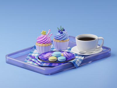 Coffee and Cake 3d 3dart 3dmodeling blender blenderart coffee cupcake design food graphic design illustration kaffee macaron