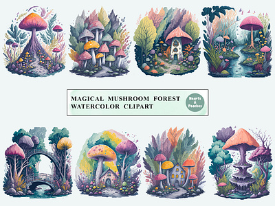 Magical Mushroom Forest Watercolor Cliparts clipart design digital art digital download fantasy mushroom forest graphic design illustration magical mushroom magical mushroom house png watercolor watercolor mushroom clipart