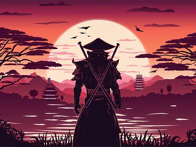 Ronin's Journey | Character & terrain illustration 2d ambient artwork castle character character design design illustration japan landscape mountain paysage ronin samurai sunrise sunset temple vector visual wallpaper