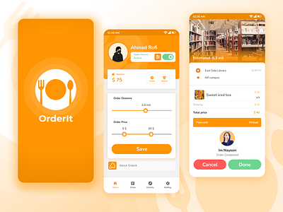 Mobile App Design OrderIt for Runner or Food Delivery app branding delivery design food graphic design illustration layout logo mobile moderen o orange order runner simple typography ui ux vector