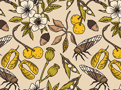 Botanical Cicada Pattern acorn cicada floral flower nature pattern procreate seed pod surface pattern