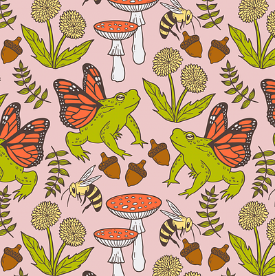 Fairy Toad Pattern bee cute fairy fantasy frog mushroom nature pattern procreate surface pattern toad