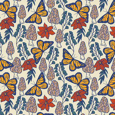 Morel Mushroom & Butterfly Pattern butterfly mushroom nature pattern procreate surface pattern
