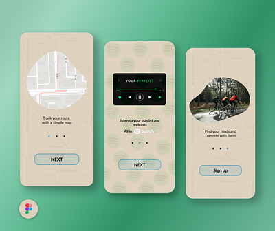 Start screens to cycling app | Flux 90s cycling cyclist design figma green map spotify track ui ux vintage