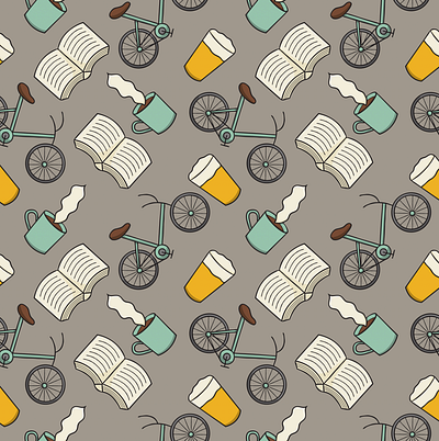 Books, Bikes, Beer and Coffee Pattern adobe illustrator beer bicycle books coffee pattern surface pattern vector