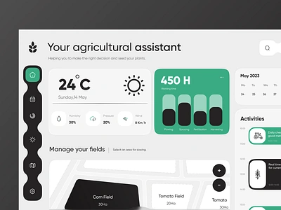 Agriculture Assistant Dashboard agricultural agricultural assistant app design chart dashboard dashboard menu farm farmer filed menu menu style minimal design modern dashboard modern ui plants task list ui ui design uiux weather