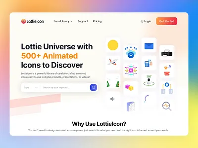 Lottieicon - A Lottie Animations Library Landing Page 3d animation animations branding clean design clean ui dynamic design figma icon animation icon library landing page lottie animation lottie icon minimal motion graphics presentation responsive ui web web design