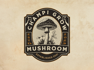 CHAMPI GROW Mushroom Farm Badge Logo badge badge design badge logo badges branding design farm badge logo graphic design illustration logo mushroom badge mushroom farm mushroom logo retro badge retro vintage t shirt tshirts typography vector vintage badge