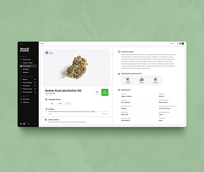 WeedCrawler | Product page 420 analytics app design b2b cannabis dashboard green light marijuana mood organic package plants product page products side menu stats strength web weed