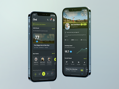 Avid - Home and Profile (Mockup Preview) app clean design golf golf course golf handicap golf player golf profile golf score golf social media gplf app invitation minimal social media statistics ui ux