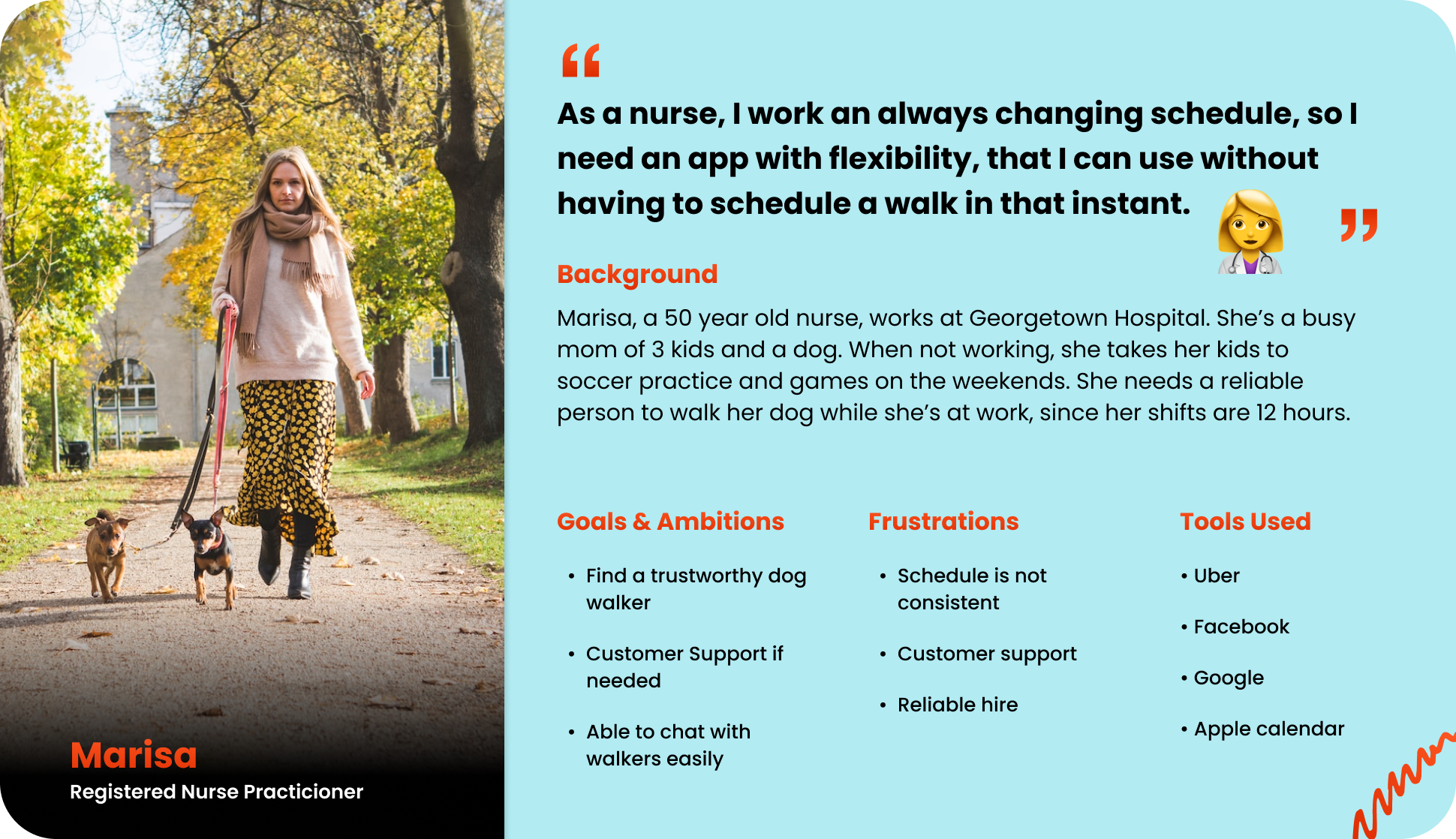 UX research, user persona, dog walking app