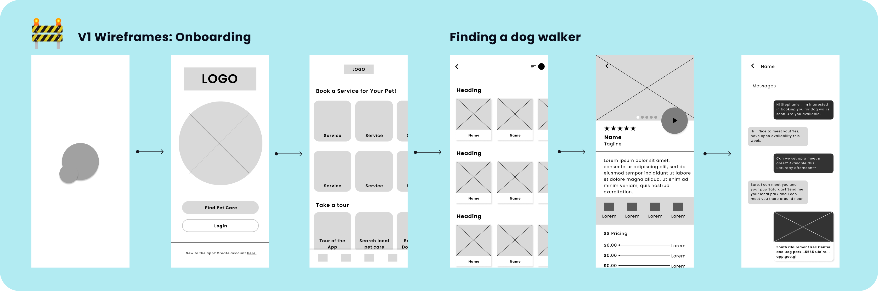 Ideation, wireframes, UI design, dog walking app