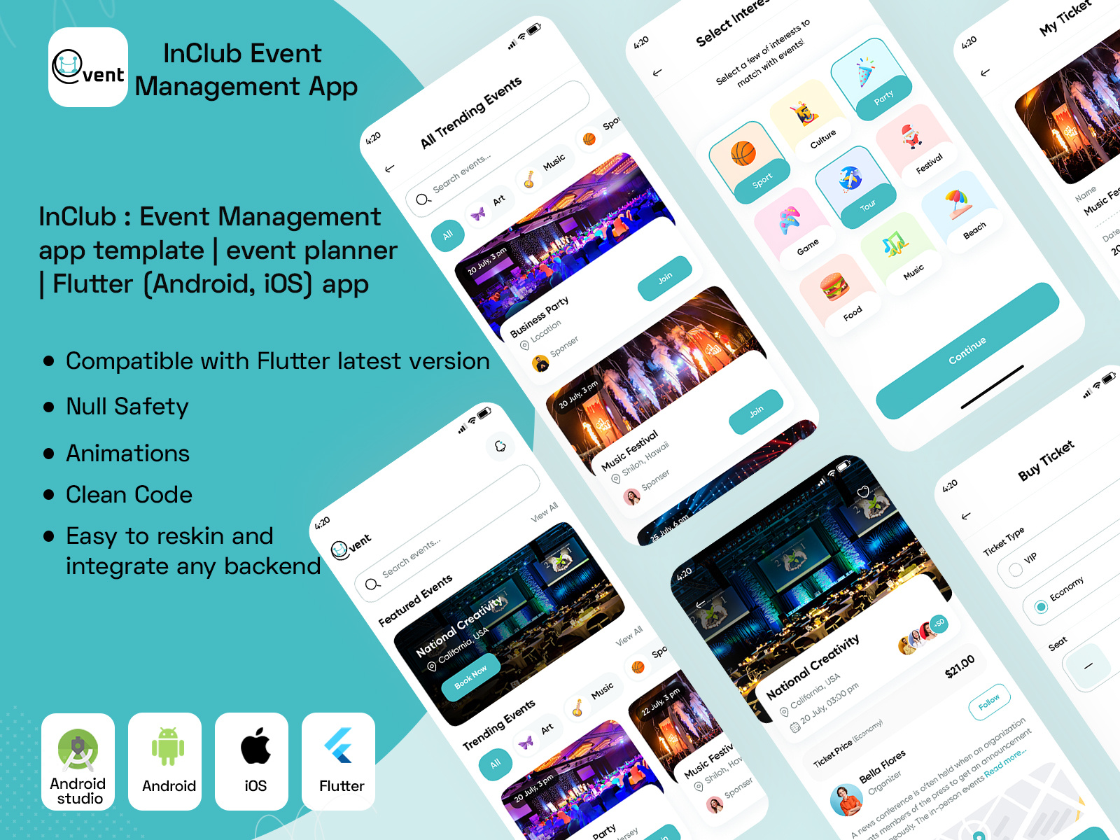 InClub : Event Management flutter app template androidapp event eventmanagement eventplanner flutter flutterui party planner ui wedding planner