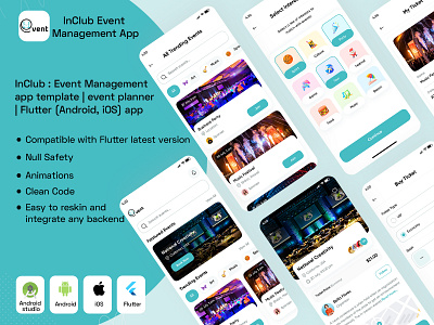 InClub : Event Management flutter app template androidapp event eventmanagement eventplanner flutter flutterui party planner ui wedding planner