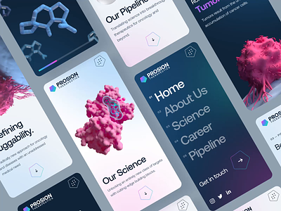 PROSION Therapeutics - Web & UI/UX 2023 - Mobile Overview ai animation biology biotech cancer cure discovery drug fluid health medical mobile molecule pill protein responsive science technology ui ux