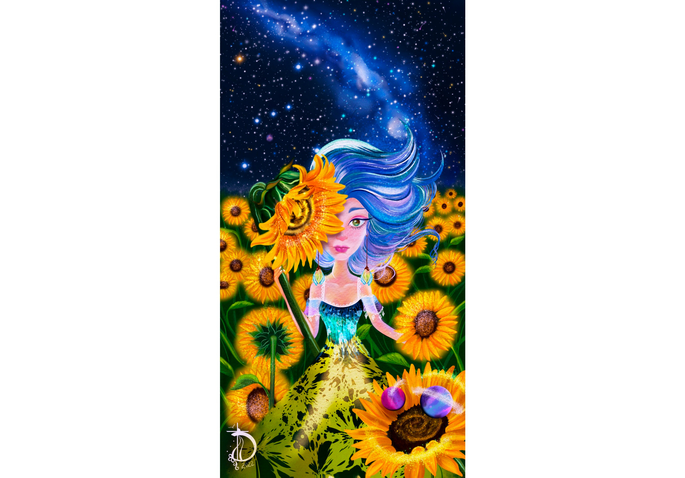 Sunflowers book illustration character cosmos field illustration magic milky way night sky stars sunflower sunflowers universe watercolor