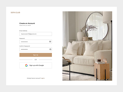 Sign up Page | Sofa Club clean creative account design form input field landing page log in minimal mobile mobile version onboarding responsive view sign in sign up ui ux web website