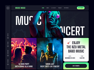 Music Mood Web Page bookingonline concertreservation darkmode event eventtickets gradient liveshows music musicconcerts musiclover musicommunity musicresearch musicstreaming musictickets neon color soundcloud ticketbooking ui uiux webpage