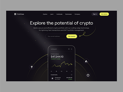 Coinfuse: Crypto Website Hero Section app concept crypto dark design hero section landing page typography ui visual design yellow