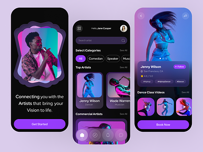 Artist Booking App UI artist booking artist portfolio booking concert design event events feed festival mobile app mobile design mobile ui music musician party performance photo ui ux video