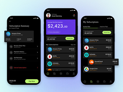 Subscriptions Tracker Mobile App appdesign appinteractionapp clean design dark design dark mode design design enhancement design studio experience studio figma design illustration manageyoursubscriptions mobile app mobile dashboard mobileapp mobiledesign rapidgems studio trackyoursubscriptions user experience ux ui
