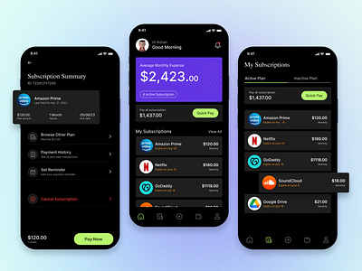 Subscriptions Tracker Mobile App app design app interaction appdesign dark mode dark ui design figma design manageyoursubscriptions minimal app mobile app mobiledesign modern app tracking app trackyoursubscriptions ui ux uiuxdesign