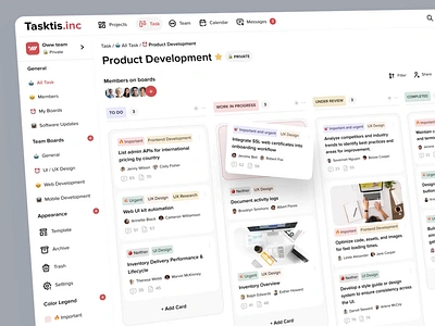 Tasktis - Project Management Dashboard analytics animation clean dashboard kanban kanban board management productivity project management project management tool statistic task task management team team management ui ui interaction ux web app web designm