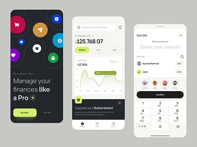 Finance manages app ui activity analytics banking bill defi fintech fintech ui graph home interface minimal mobile ui split bill statistic subscription trending ui ux visual wallet