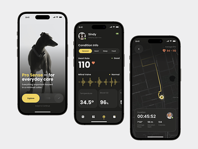 Pro Dog Tracker Application beige black theme design bra digital design dogs healthcare interaction design mobile mobile application mobile design mobile navigation onboarding pet application tracker ui ux ux design