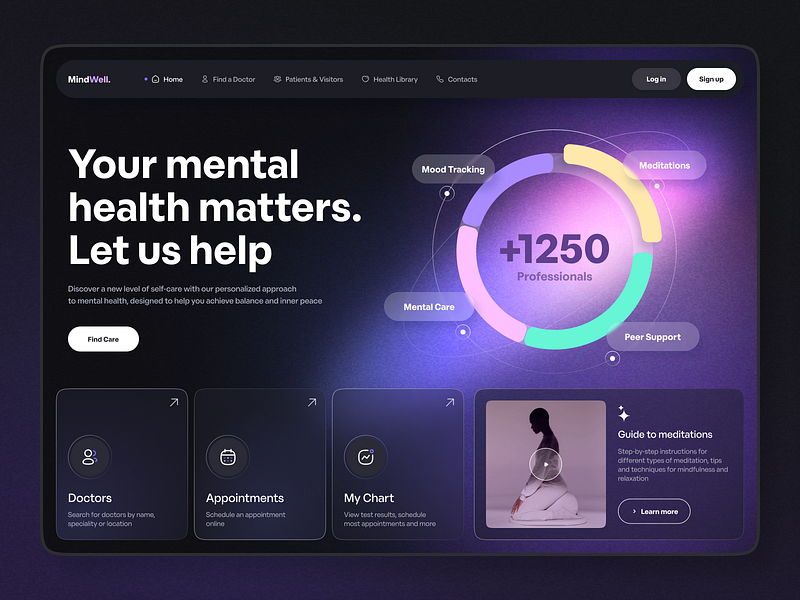 Mental health application - MindWell 2d app application branding concept design doctor gotoinc graphic design health healthcare illustration logo medicine modern ui modern ux tech uiux web website