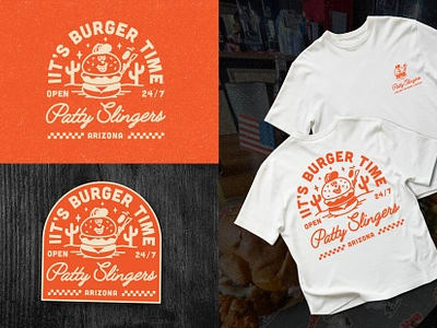 It's Burger Time badge badges branding burger creative design flip food lockup mascot patty t shirt type typography