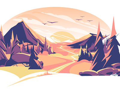 Sunset in the mountain valley birds clouds flat illustration landscape mountain path peak pine pink purple quite road rock sky sun sunset valley vector vector art